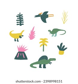 Cute dinosaur postcard with funny hand drawn doodle dino, plants, volcano, pterodactyl. Jurassic era cover, template, banner, poster, print. Extinct animal background for kids