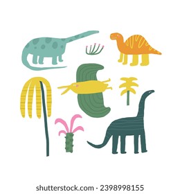 Cute dinosaur postcard with funny hand drawn doodle dino, plants, palm, diplodocus, pterodactyl. Jurassic era cover, template, banner, poster, print. Extinct animal background for kids