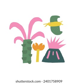 Cute dinosaur postcard with funny hand drawn doodle dino, plants, palm, diplodocus, pterodactyl. Jurassic era cover, template, banner, poster, print. Extinct animal background for kids