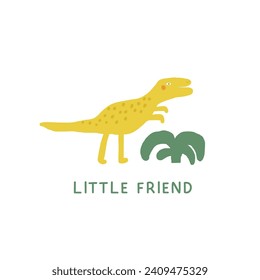 Postal de dinosaurio lindo con dino volador de doodle dibujado a mano divertido, plantas, palma, pterodáctilo. Portada de la era Jurásica, plantilla, pancarta, afiche, impresión. Extinción del fondo animal para los niños