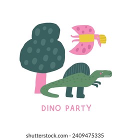 Cute dinosaur postcard with funny hand drawn doodle flying dino, plants, palm, pterodactyl. Jurassic era cover, template, banner, poster, print. Extinct animal background for kids