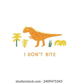 Cute dinosaur postcard with funny hand drawn doodle flying dino, plants, palm, pterodactyl. Jurassic era cover, template, banner, poster, print. Extinct animal background for kids