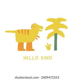 Cute dinosaur postcard with funny hand drawn doodle flying dino, plants, palm, pterodactyl. Jurassic era cover, template, banner, poster, print. Extinct animal background for kids