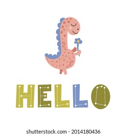 Afiche de los dinosaurios con letras "Hola". Ilustración vectorial. 