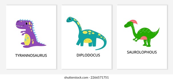 Cute dinosaur posters for boy room. Kid dino cards, monster animals, wildlife reptiles for nursery, t-shirt prints. Funny tyrannosaurus, diplodocus and saurolophus. Vector recent cartoon set