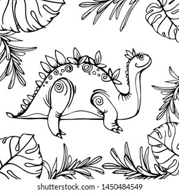 Cute dinosaur Princess in the grass, hand drawing, coloring book for kids on white background