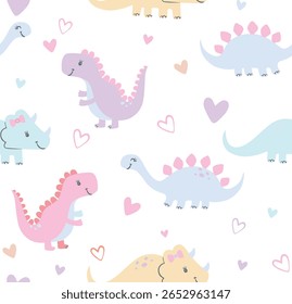 Bonito dinossauro princesa mão desenhado colorido mágico doce bebê animal personagem infantil conjunto. Linda menina dino, criatura jurássica feliz, ilustração vetorial, Para têxteis, capas, papéis de parede.