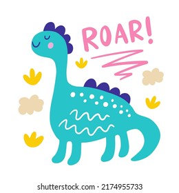 Cute Dinosaur print, Hand drawn Dino kids drawing.  Character, isolated on white. Vector illustration for nursery poster, kids greeting cards, apparel design, home decor.