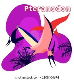 Cute dinosaur pteranodon.Flat cartoons illustration.Pterodactyl - flying dinosaur with name.Pterodactyl.Predatory dinosaur of Jurassic period.Extinct animal. Paleontology animal.Pteranodon.Dinosaur
