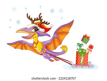 Cute dinosaur pterodactyl carries a sleigh with christmas gifts. Cartoon character. Vector isolated illustration. For print, design, posters, cards, stickers, decor, kids apparel and invitation
