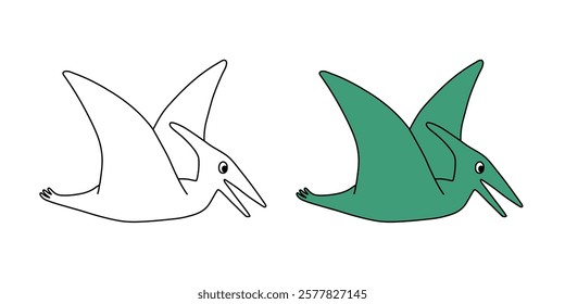 Cute dinosaur pterodactyl character. Editable stroke. Coloring page template. Design element for print, greeting card, invitation, book. Isolated vector illustration