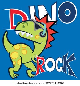 Cute Dinosaur punk with glasses and headphones text and blue background