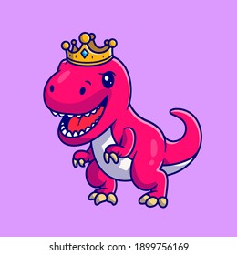 Cute Dinosaur Queen With Crown Cartoon Vector Icon Illustration. Animal Wildlife Icon Concept Isolated Premium Vector. Flat Cartoon Style