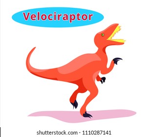 Cute dinosaur Raptor.Flat cartoons illustration.Velociraptor-predatory dinosaur with name.Red angry Raptor.Predatory dinosaur of Jurassic period.Extinct animal. Paleontology animal.Velociraptor