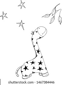 Cute dinosaur reaching for leaves cartoon hand drawn vector illustration. Can be used for t-shirt print, kids wear fashion design, baby shower invitation card