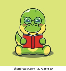 Cute Dinosaur Reading A Book. Cute Animal Cartoon Illustration.