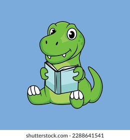 Cute dinosaur reading book Cartoon Sticker vector Illustration