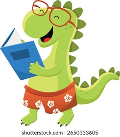 Cute Dinosaur Reading Book With Joy