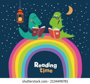 Cute Dinosaur Reading Book On Rainbow. Funny Tyrannosaur