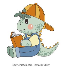 Cute dinosaur reading a book. Side view. Character, flat style, children's illustration on a white background
