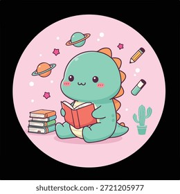 Dinosaurio lindo leyendo un libro con ilustración de dibujos animados de Elementos espaciales
