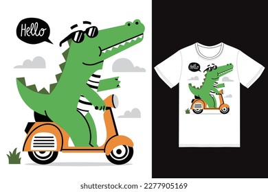 Cute dinosaur reading scooter illustration with tshirt design premium vector the Concept of Isolated Technology. Flat Cartoon Style Suitable for Landing Web Pages,T shirt, Flyers, Stickers