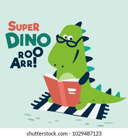 Cute dinosaur reads a book. Funny tyrannosaur 