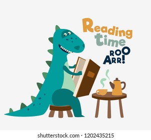 Cute dinosaur reads a book. Funny tyrannosaur drinking tea on the table