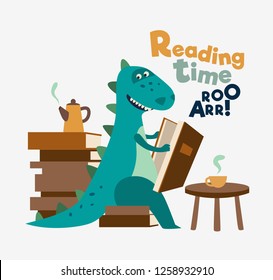 Cute dinosaur reads a book. Funny tyrannosaur drinking tea on the table - Vector 