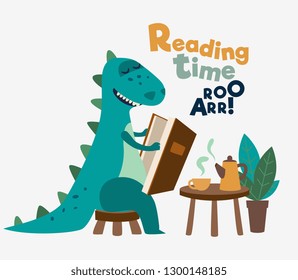 Cute dinosaur reads a book. Funny tyrannosaur drinking tea on the table 