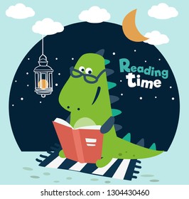 Cute dinosaur reads a book. Funny tyrannosaur 