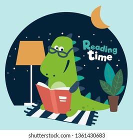 Cute dinosaur reads a book. Funny tyrannosaur 