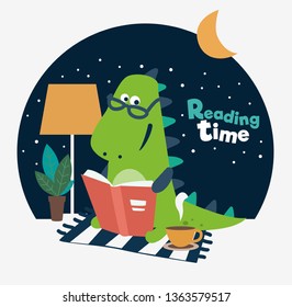 Cute dinosaur reads a book. Funny tyrannosaur drinking tea