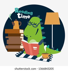 Cute dinosaur reads a book. Funny tyrannosaur drinking tea