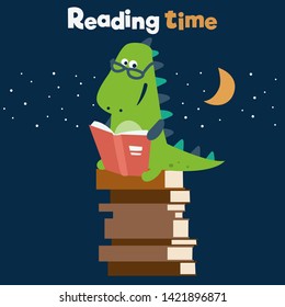 Cute dinosaur reads a book. Funny tyrannosaur 