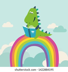 Cute dinosaur reads a book. Funny tyrannosaur sitting on the rainbow