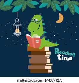 Cute dinosaur reads a book. Funny tyrannosaur