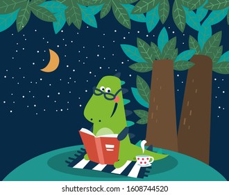 Cute dinosaur reads a book. Funny tyrannosaur