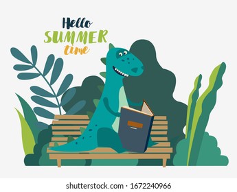 Cute dinosaur reads a book. Funny tyrannosaur relaxing in park. Summer landscape background