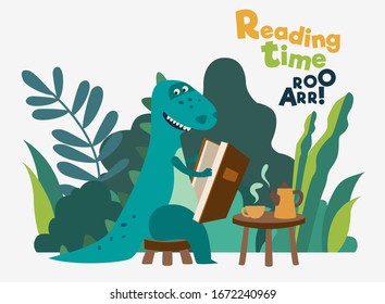 Cute dinosaur reads a book. Funny tyrannosaur relaxing in the garden. Summer landscape background