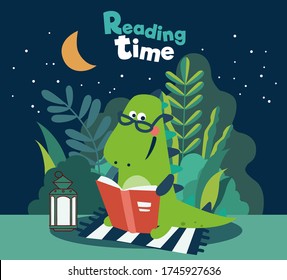 Cute dinosaur reads a book. Funny tyrannosaur