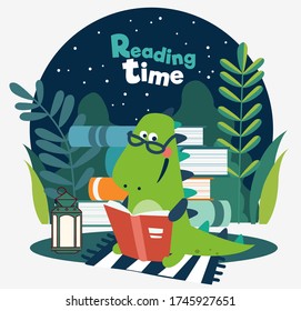 Cute dinosaur reads a book. Funny tyrannosaur