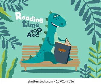 Cute dinosaur reads a book. Funny tyrannosaur relaxing in park. Summer landscape background