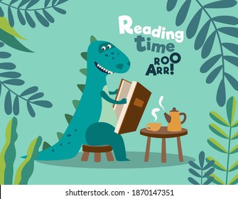 Cute dinosaur reads a book. Funny tyrannosaur relaxing in the garden. Summer landscape background