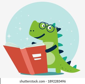 Cute dinosaur reads a book. Funny tyrannosaur wits book. Back to school vector concept