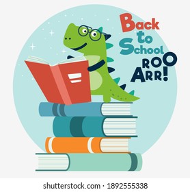 Cute dinosaur reads a book. Funny tyrannosaur wits book. Back to school vector concept