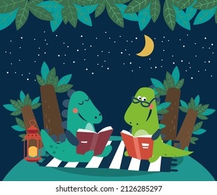 Cute dinosaur reads a book. Funny tyrannosaur