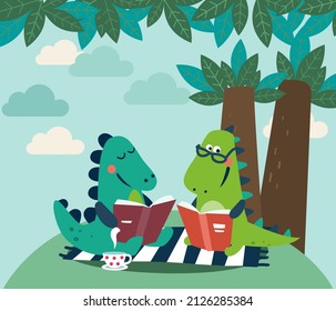 Cute dinosaur reads a book. Funny tyrannosaur