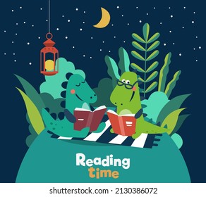 Cute dinosaur reads a book. Funny tyrannosaur