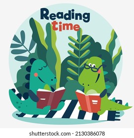 Cute dinosaur reads a book. Funny tyrannosaur